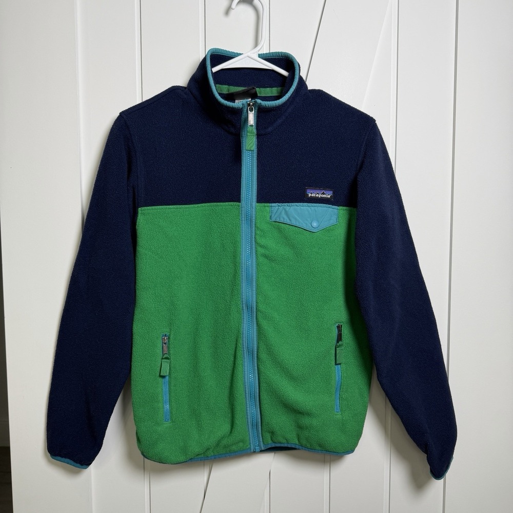 Patagonia Full Zip Snap-T fleece jacket Women Size S Green Blue Colorblock Retro